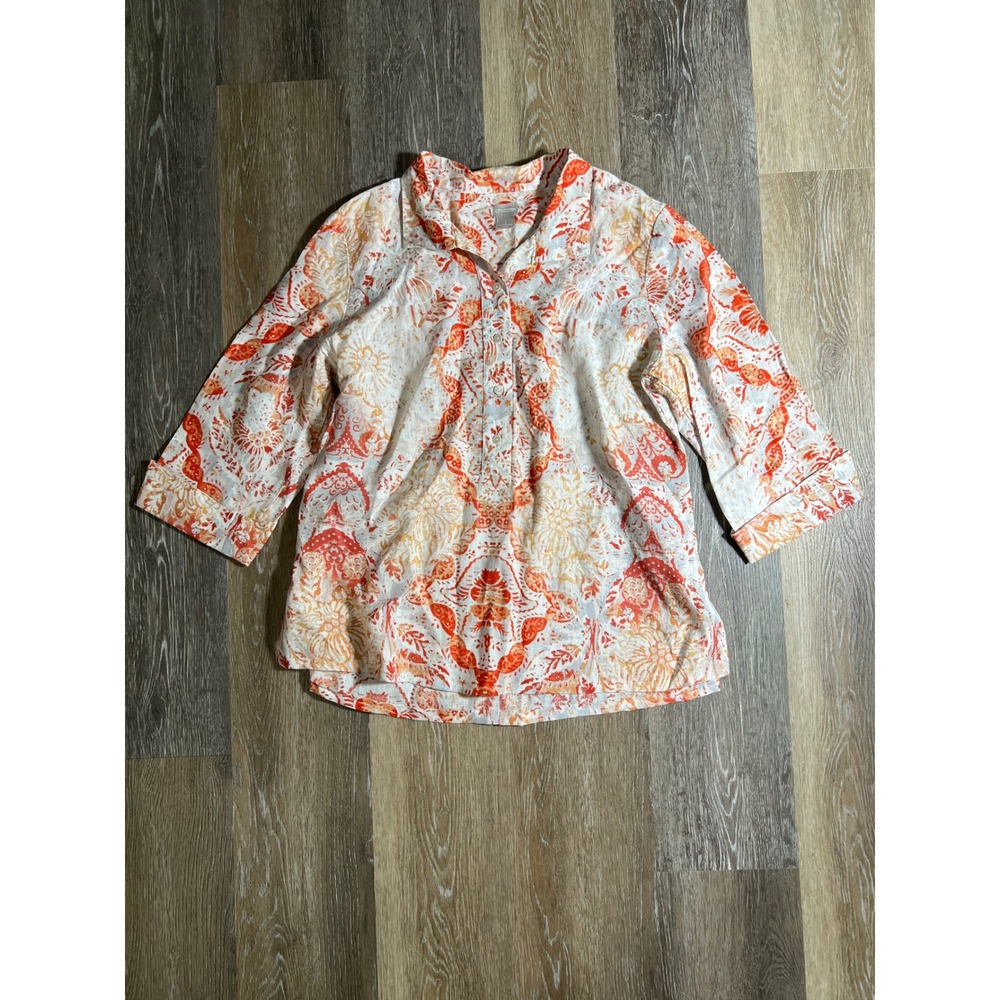 Chicos 100% Linen Paisley Medallion Tunic Top Orange Yellow Size 2 L 12-14‎